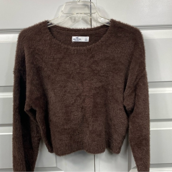 Hollister Soft Fuzzy Plush Crop Sweater Long Sleeves Teddy Bear Brown Large - Picture 1 of 8